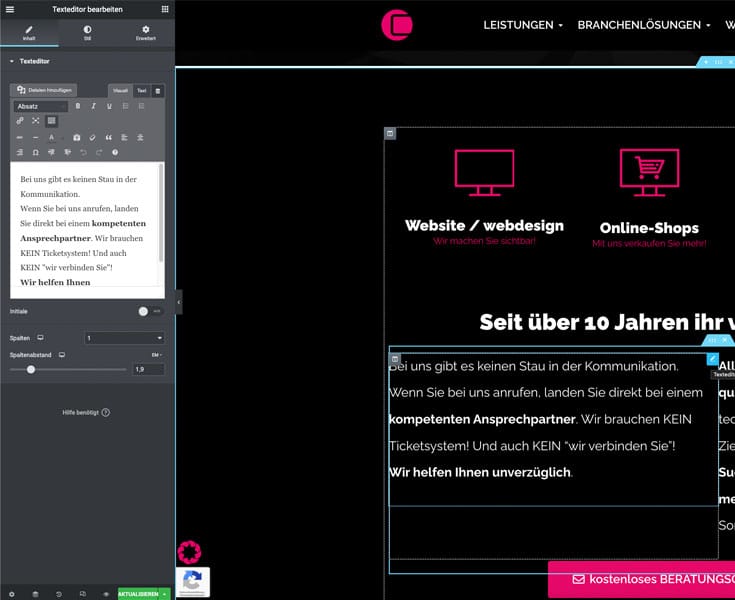 Ansicht des Elementor Texteditor
