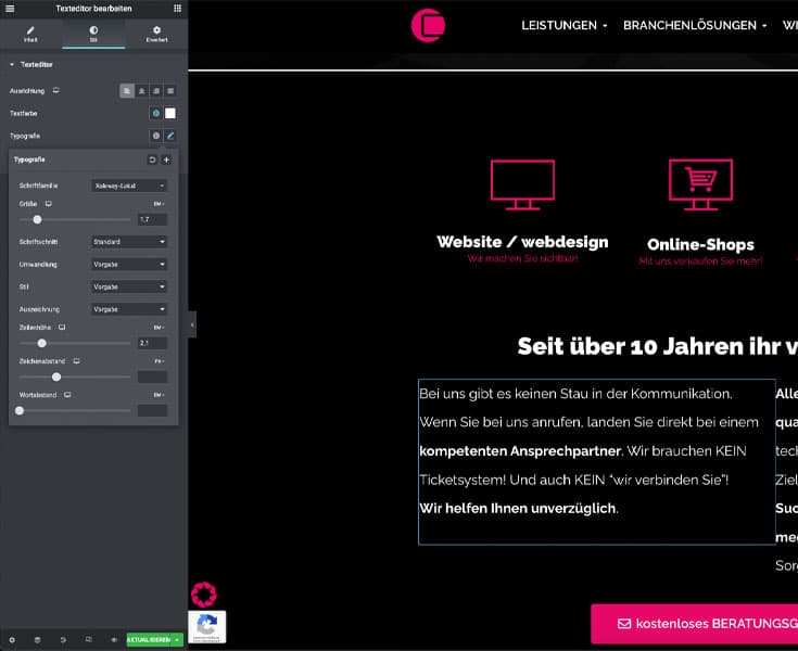 Bearbeitungsfeld in Elementor, damit Sie die Typografie individuell anpassen können.