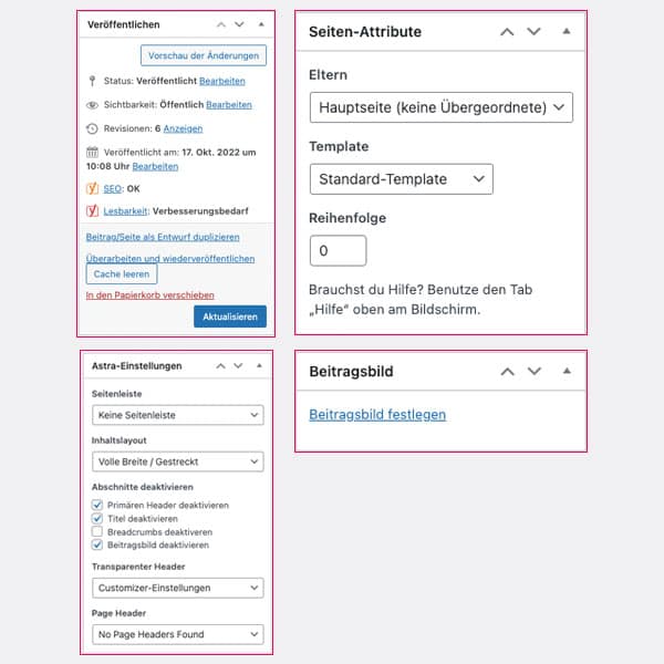 Ansicht der einzelnen WordPress & Theme Optionen in der Seitenleiste des Bearbeitungsmodus.