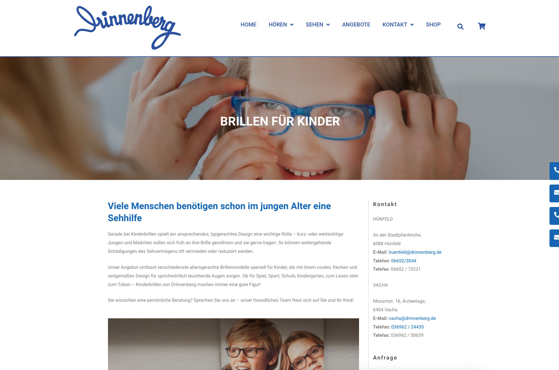 Convert GmbH CO KG - Projektstory Drinnenberg Optik Hoergeraete GmbH CoKG - Unterseite "Brillen für Kinder"