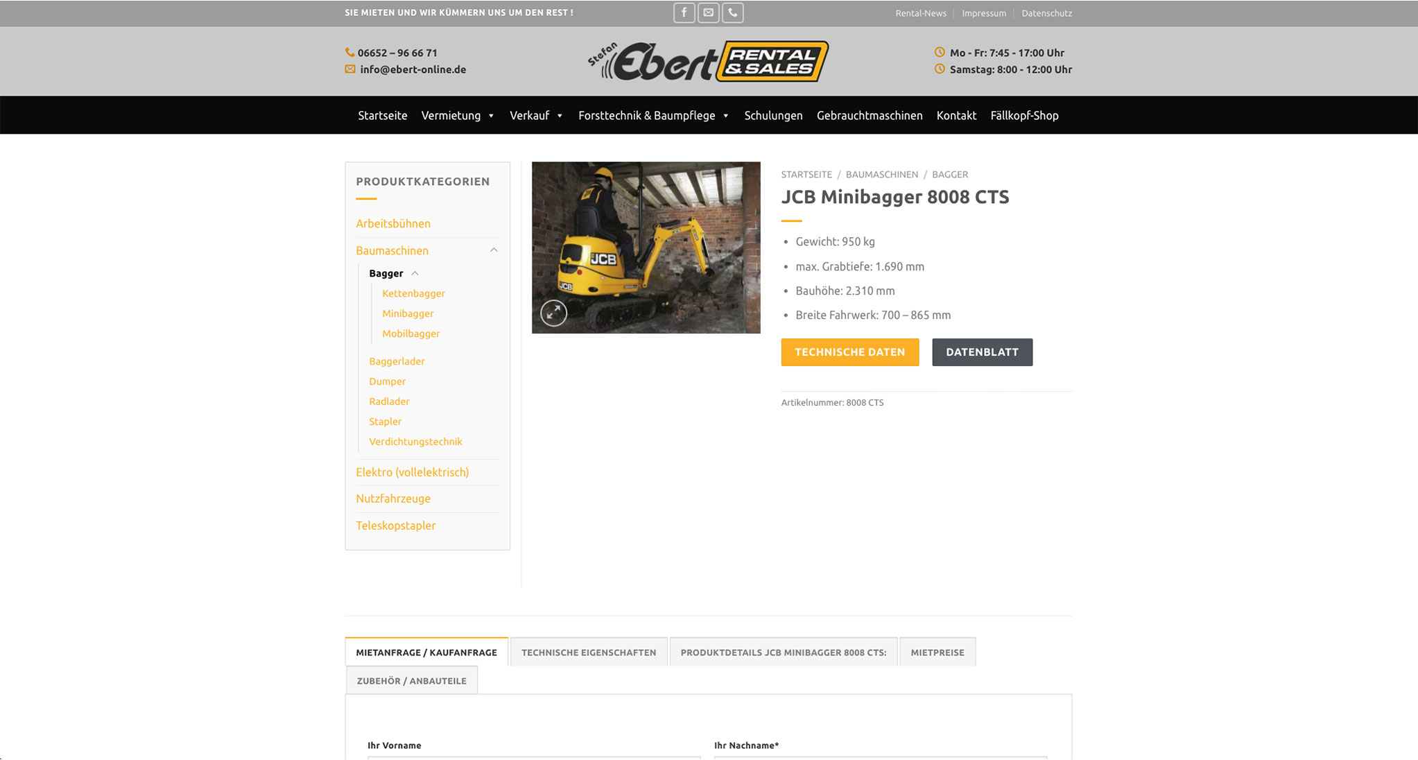 Convert GmbH CO KG - Projektstory Stefan Ebert Rental and Sales - Screenshot Shopseite Einzelansicht eines JCB Minibagger